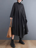 Momentlover Urban Floral Applique Pleated Long Sleeves Shirt Dress Midi Dress