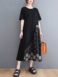 Momentlover Casual Printed Polka-Dot Split-Joint  Asymmetric Round-Neck Plus Size Midi Dress