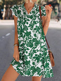 Momentlover Tied Split-Joint Printed Short Sleeves Ruffle Sleeves V-Neck Mini Dresses