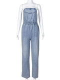 Momentlover Split-Joint Pockets Pleated Elasticity Straight Leg Sleeveless Tube Jumpsuits
