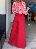 Momentlover Printed Long Sleeves Buttoned Lapel Blouse + Tied Waist Wide Leg Pants Two Pieces Set