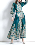 Momentlover Tied Waist See-Through Printed Puff Sleeves A-line Stand Collar Maxi Dresses
