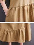 Momentlover Simple Half Sleeves Loose Solid Color Lapel Collar Midi Dresses