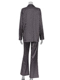 Momentlover Printed Long Sleeves Lapel Outwear Top + Flared Trousers Bottom Two Pieces Set