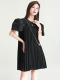 Momentlover Urban Puff Sleeves Split-Joint Black Pleated Mini Dress