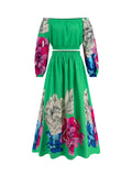 Momentlover Off-The-Shoulder A-Line Elasticity Flower Print Pleated Shirts Top + High Waisted Skirts Bottom Two Pieces Set