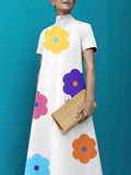 Momentlover Loose Short Sleeves Floral Printed High-Neck Maxi Dresses
