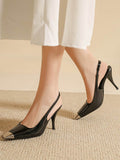 Momentlover Square-Toe Split-Joint Contrast Color Sling Shoes Pumps