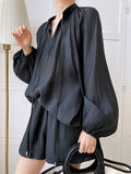 Momentlover Casual Loose Solid Color Puff Sleeves Blouse&Wide Leg Shorts Two Pieces Set