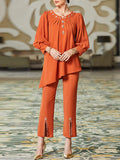 Momentlover Rhine Stones Asymmetric Tied Waist Pleated Shirt Top+Split-Front Pants Bottom Two Pieces Set