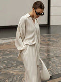Momentlover Urban Loose Pleated Solid Lapel Collar Blouses Tops & Wide Leg Pants Two Pieces Set