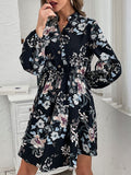 Momentlover Flower Print Elasticity Drawstring Buttoned Loose Long Sleeves V-Neck Mini Dresses