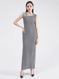 Momentlover Urban Loose Solid Color Tied Pleated Top&V-Back Vest Dress Two Pieces Set