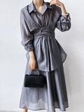 Momentlover Solid Color Long Sleeves Tied Waist Blouse + Loose Elasticity Waist Skirt Two Pieces Set