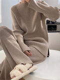 Momentlover Urban Loose Solid Round-Neck Split-Side Sweater& Wide Leg Pants Suits