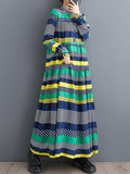 Momentlover Split-Joint Polka-Dot Buttoned Loose Long Sleeves Round-Neck Midi Dresses