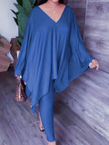 Momentlover Batwing Sleeves Loose Solid Color V-Back V-Neck Shirts Tops&Pants Two Pieces Set