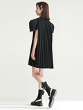 Momentlover Urban Puff Sleeves Split-Joint Black Pleated Mini Dress