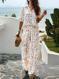 Momentlover Printed Loose Geometric Buttoned Lapel T-Shirts Top + Elasticity High Waisted Pants Bottom Two Pieces Set