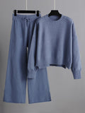 Momentlover Stylish Loose High-Low Long Sleeves Solid Color Round-Neck Sweater Tops& Wide Leg Pants Two Pieces Set