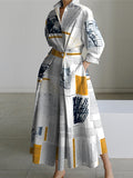 Momentlover Long Sleeves Loose Newspaper Print Pleated Tied Waist Lapel Midi Dresses Shirt Dress