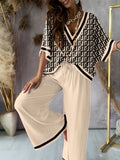 Momentlover Urban Loose Printed V-Neck T-Shirts Tops& Drawstring Wide Leg Pants Suits