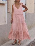 Momentlover Solid Color Sleeveless Loose V-Neck Midi Dresses