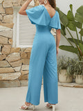Momentlover Split-Joint Solid Color Ruffle Sleeves High Waisted V-Neck Jumpsuits