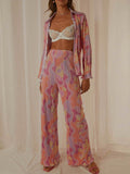 Momentlover Print Long Sleeves Loose Buttoned Pleated Lapel Shirts Top + Elasticity Pants Bottom Two Pieces Set