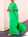 Momentlover Batwing Sleeves Loose Solid Color Split-Side V-Neck Maxi Dresses