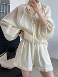 Momentlover Casual Loose Solid Color Puff Sleeves Blouse&Wide Leg Shorts Two Pieces Set