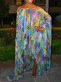 Momentlover Batwing Sleeves High-Low Printed Off-The-Shoulder Maxi Dresses
