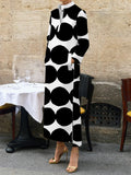 Momentlover Long Sleeves Loose Polka-Dot Split-Side Stand Collar Midi Dresses