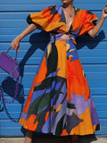 Momentlover Original Puff Sleeves Loose Contrast Color Printed Deep V-Neck Maxi Dresses
