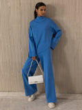 Momentlover Casual Solid Color Irregularity High-Neck Sweater& Wide Leg Pants Suits