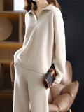 Momentlover Solid Color Polo Long Sleeves Loose Sweater Top + Pants Bottom Two Pieces Set