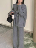 Momentlover Solid Color Wide Leg Loose Round-Neck Three Pieces Set