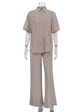 Momentlover Printed Plaid Wide Leg  Pants&Lapel Shirts Tops Two Pieces Set