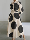 Momentlover Long Sleeves Loose Contrast Color Pleated Polka-Dot Tied Waist Lapel Shirt Dress