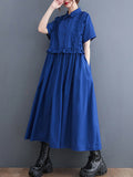 Momentlover Simple Short Sleeves Loose Buttoned Falbala Split-Joint Solid Color Midi Shirt Dress