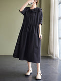 Momentlover Original Loose Solid Color Buttoned Pleated Midi Dress