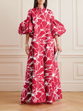 Momentlover Loose Flower Shape Solid Color Stand Collar Lantern Sleeves Maxi Dresses