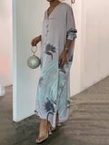 Momentlover Long Sleeves Buttoned Contrast Color Flower&Leaves Print Muslim V-Neck Maxi Dress
