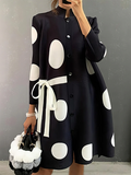 Momentlover Long Sleeves Loose Asymmetric Buttoned Polka-Dot Tied Mock Neck Jackets&Coats Midi Dresses Outerwear