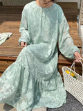 Momentlover Tied Waist Split-Joint Solid Color Pleated Flower Print Puff Sleeves Loose Round-Neck Maxi Dresses