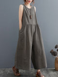 Momentlover Split-Joint Plaid Sleeveless Loose Round-neck Jumpsuits