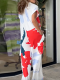 Momentlover Printed Wide Leg Loose Lapel Collar Jumpsuits