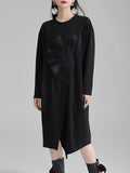 Momentlover Three-Dimensional Flower Asymmetric Loose Long Sleeves Round-Neck Midi Dresses