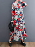Momentlover Long Sleeves Loose Floral Printed Round-Neck Midi Dresses