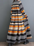 Momentlover Split-Joint Polka-Dot Buttoned Loose Long Sleeves Round-Neck Midi Dresses